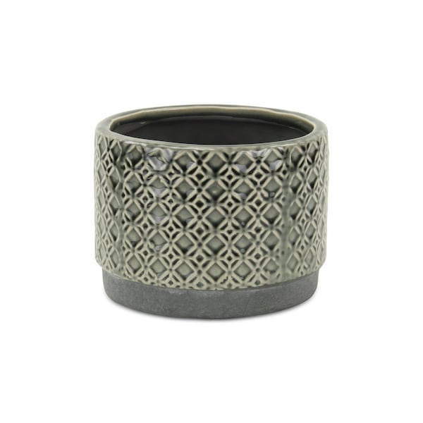 Homeroots 7in Gray Geometric Ceramic Indoor Outdoor Round Pot Planter 487463 - main