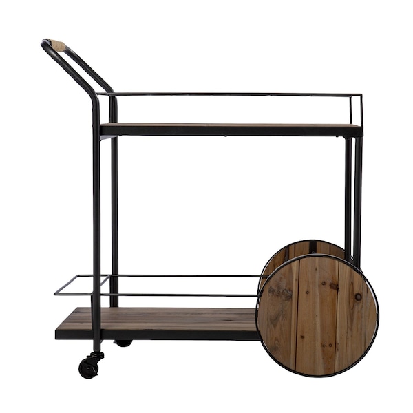 Homeroots Natural and Black Iron And Reclaimed Wood Rolling Bar Cart With Wine Storage 402575 - main