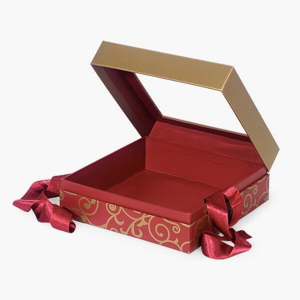 Nashville Wraps Elegant Red Scroll Ribbon Window Box, X-Large 7.75x7.75x3, 12PK BFB6ERS - main