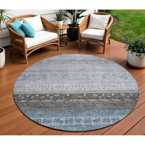 Homeroots 8' Blue Gray And Charcoal Round Southwestern Washable Indoor Outdoor Area Rug 605129 - main