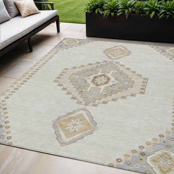 Homeroots 5' X 8' Ivory Gray And Brown Oriental Washable Indoor Outdoor Area Rug 598419 - main