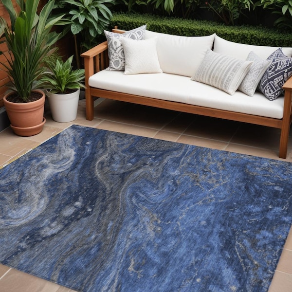 Homeroots 9' X 12' Denim Blue And Sky Blue Abstract Washable Indoor Outdoor Area Rug 577821 - main