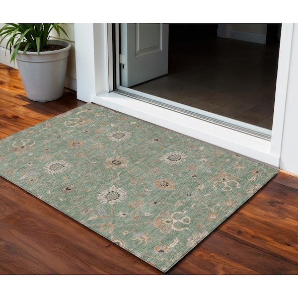 Homeroots 3' X 5' Artichoke Green Ivory And Coral Floral Washable Indoor Outdoor Area Rug 604761 - main