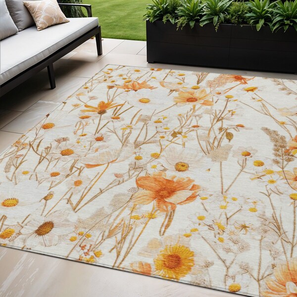 Homeroots 5' X 8' Ivory And Beige Floral Washable Indoor Outdoor Area Rug 611145 - main