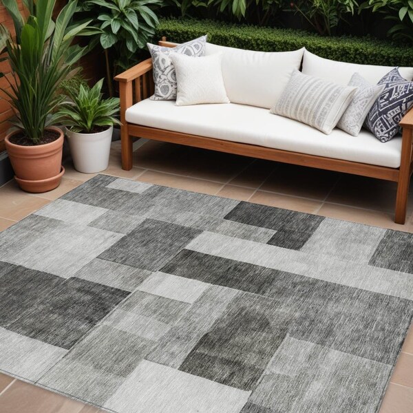 Homeroots 10' X 14' Pewter And Black Geometric Washable Indoor Outdoor Area Rug 605866 - main