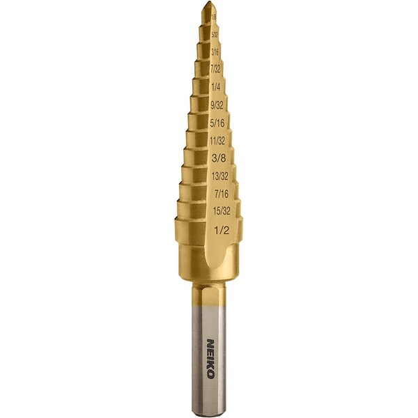 Neiko Titanium Step Drill Bit, High-Speed Alloy-Steel Bit, 13 Step Sizes from 1/8 Inch to 1/2 Inch 10182A - main