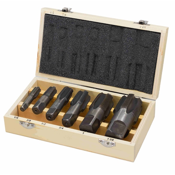 Drill America 6 Piece Carbon Steel NPT Pipe Tap Set (1/4" 3/8" 1/2" 3/4" 1" and 1-1/4" in Wooden Case) DWTPT1/4-1-1/4SET - main