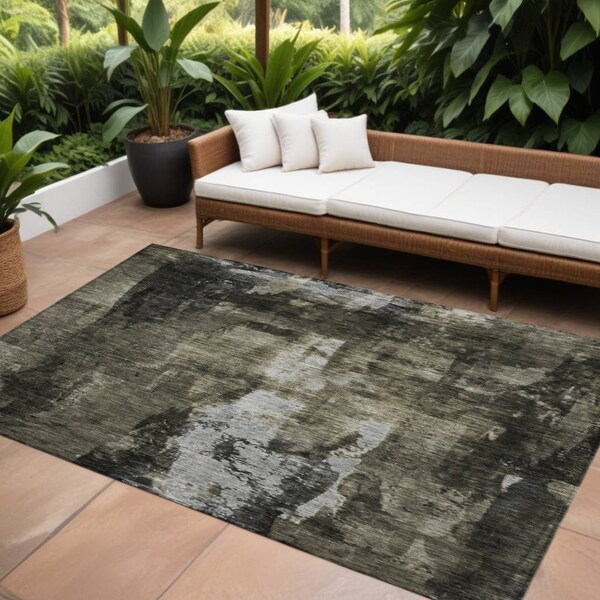 Homeroots 10' X 14' Charcoal And Black Abstract Washable Indoor Outdoor Area Rug 603166 - main