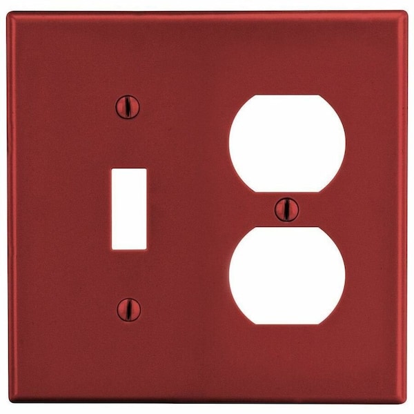 Hubbell Wiring Device-Kellems Toggle Switch/Duplex Receptacle Wall Plate, Number of Gangs: 2 Plastic, Satin Finish, Red P18R - main