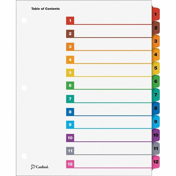 Cardinal Brands Cardinal OneStep Printable T.O.C. Divider, Printed 1 to 12, 9"x11", 12 Tabs, White/Multicolor 61218 - main