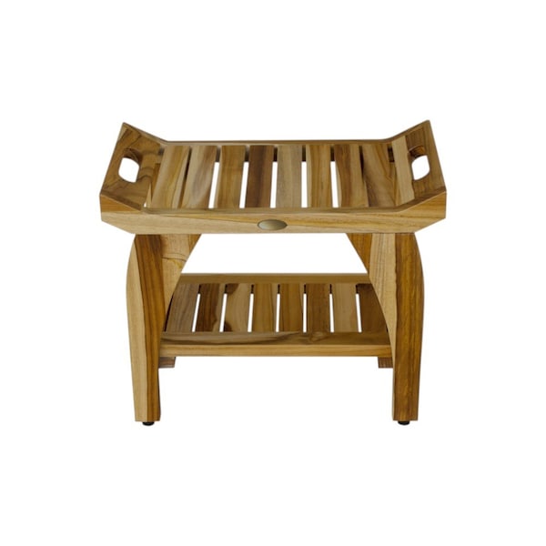Homeroots Compact Rectangular Teak Shower Bench With Handles In Natural Finish 376721 - main