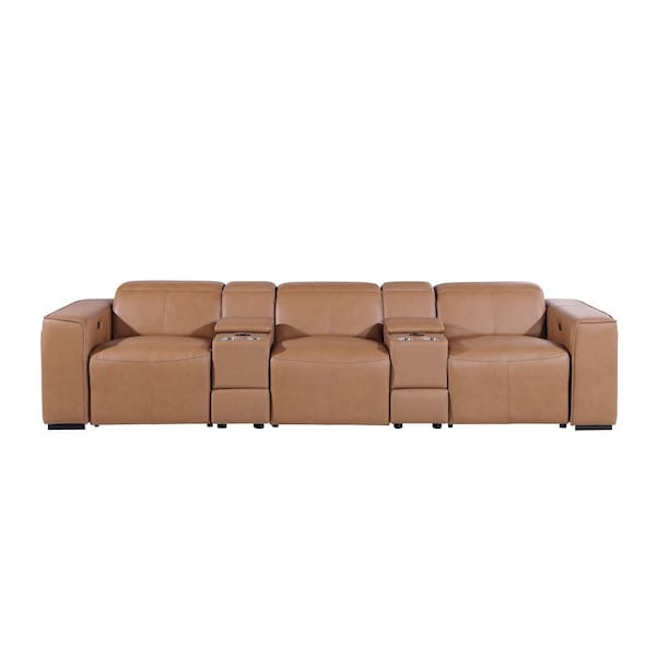 Homeroots 130" Chestnut Top Grain Leather Reclining Metal USB Sofa 720396 - main