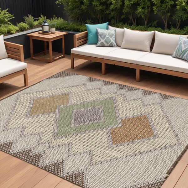 Homeroots 9' X 12' Brown Copper And Fern Green Geometric Washable Indoor Outdoor Area Rug 631901 - main
