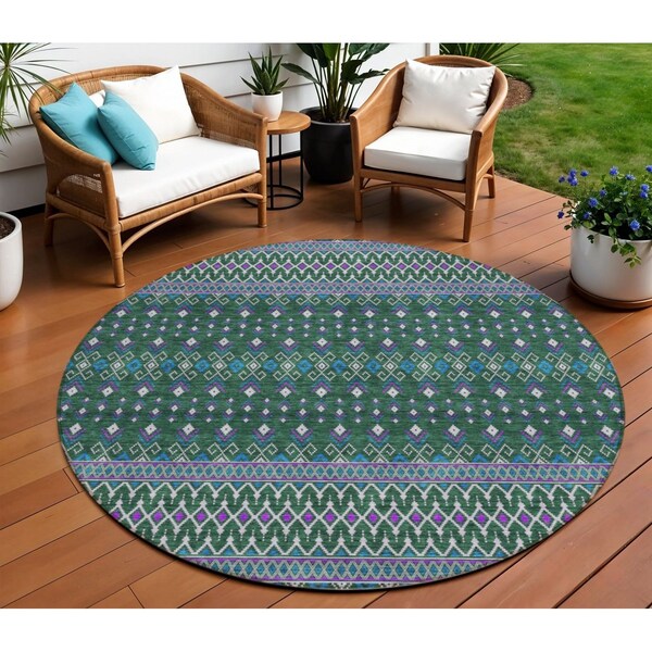 Homeroots 8' Green Blue And Purple Round Tribal Washable Indoor Outdoor Area Rug 582562 - main