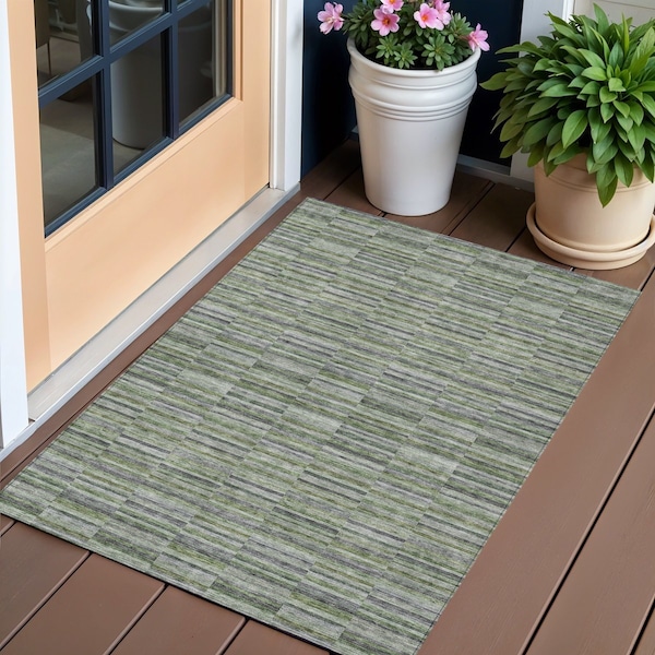 Homeroots 3' X 5' Olive Green And Gray Striped Washable Indoor Outdoor Area Rug 587914 - main