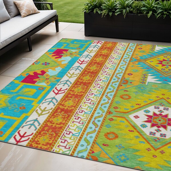 Homeroots 5' X 8' Teal Blue Green And Pink Aztec Washable Indoor Outdoor Area Rug 598521 - main
