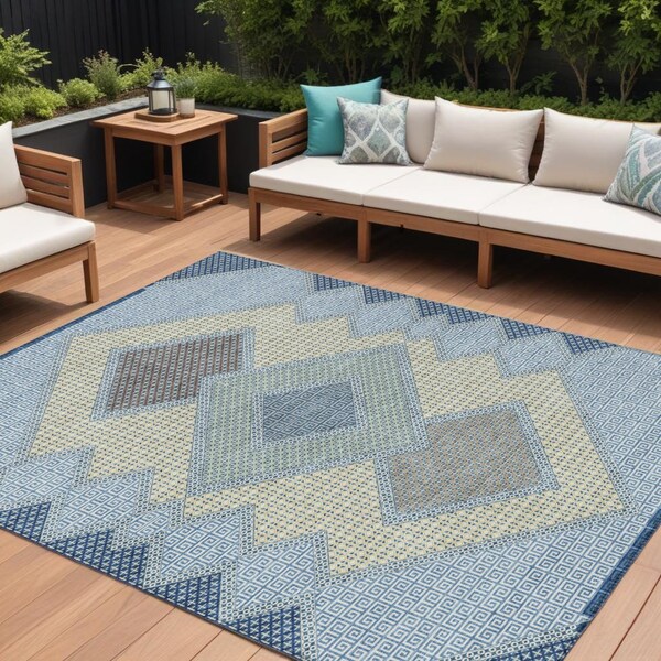 Homeroots 10' X 14' Denim Blue Gray And Brown Geometric Washable Indoor Outdoor Area Rug 631908 - main