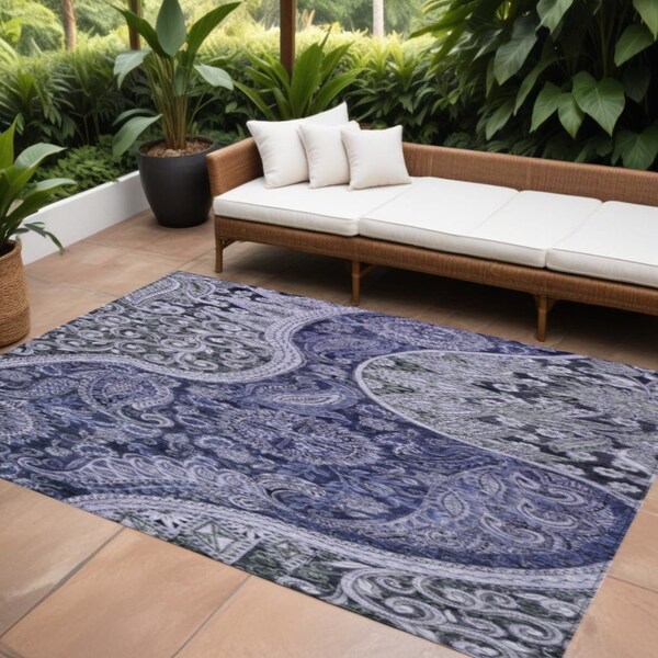 Homeroots 10' X 14' Navy Blue Gray And Green Floral Medallion Washable Indoor Outdoor Area Rug 603184 - main