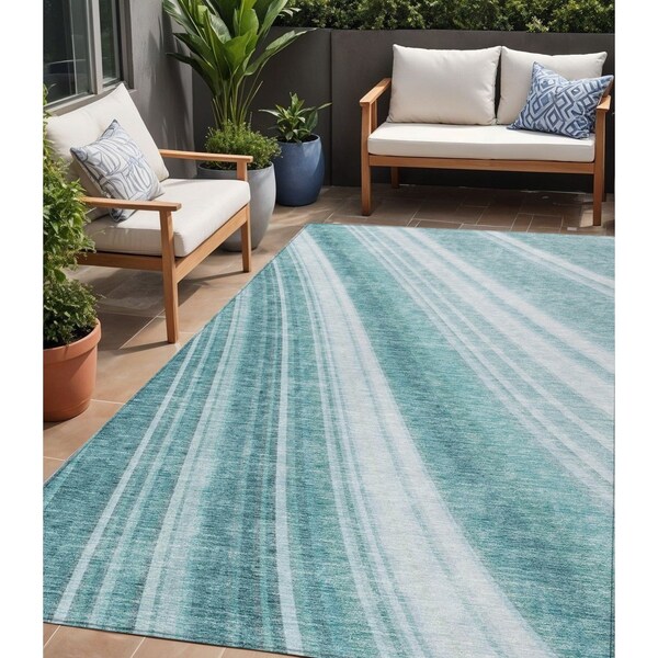 Homeroots 5' X 8' Teal Blue Turquoise And Aqua Striped Washable Indoor Outdoor Area Rug 615014 - main