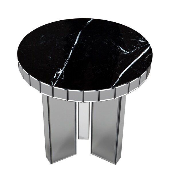 Homeroots 20" Black and Silver Mirrored Marble and Glass Round End Table 569207 - main