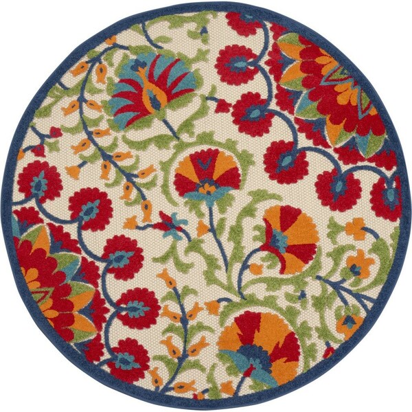 Homeroots 4' Navy Blue Beige Green Blue And Red Round Floral Indoor Outdoor Area Rug 546800 - main