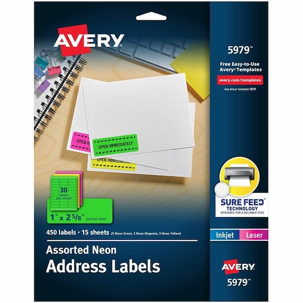 Avery Address Label, 1" Label W, 30 Labels per Sheet Neon Yellow 5979 - main