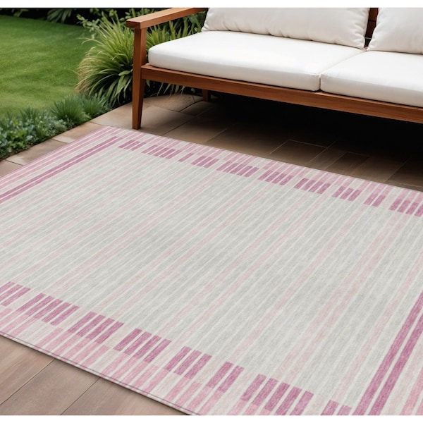 Homeroots 8' X 10' Pink And Ivory Striped Washable Indoor Outdoor Area Rug 610495 - main