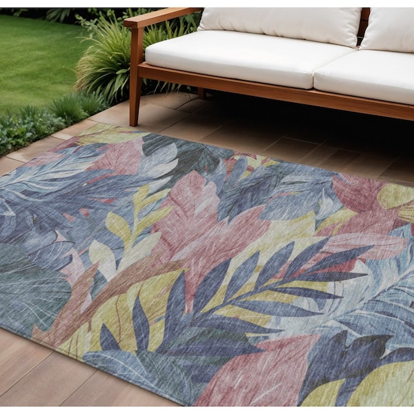 Homeroots 8' X 10' Denim Blue And Blush Floral Washable Indoor Outdoor Area Rug 611105 - main