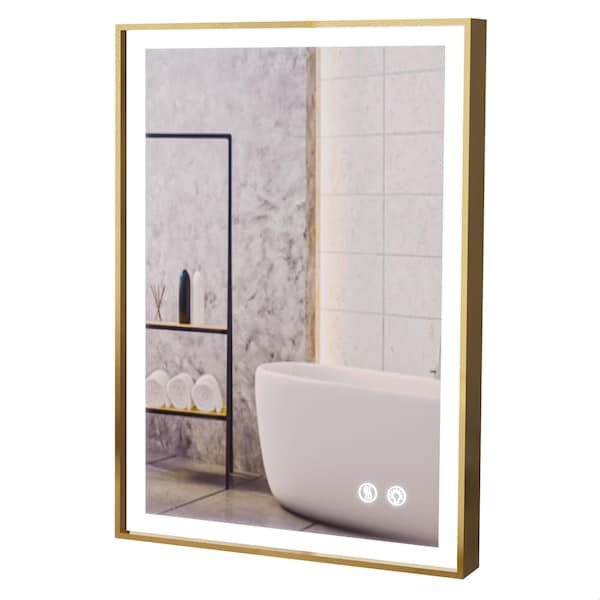 Fab Glass And Mirror LED Lighted Bathroom Mirror 24 x 36inch, Champagne Gold Framed Wall Mounted Dimmable Vanity Mi HC24X36-FG - main