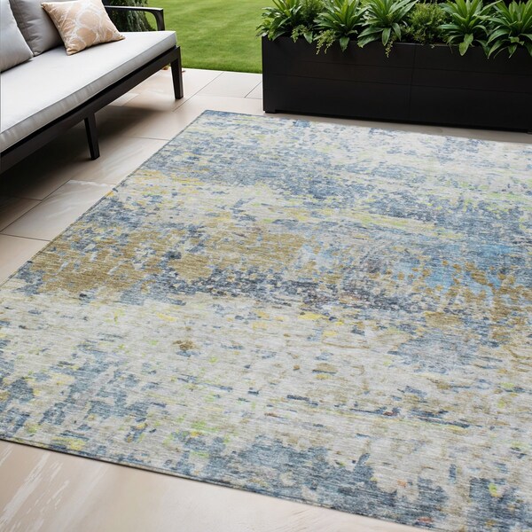Homeroots 5' X 8' Blue Green And Ivory Abstract Washable Indoor Outdoor Area Rug 604572 - main