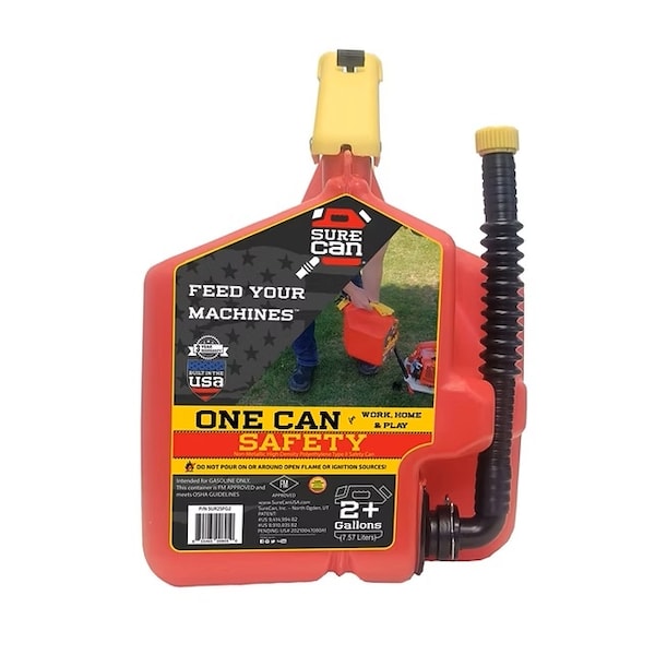 Surecan Gas Can, HDPE, 2 gal, Flexible Rotating Nozzle, Self Venting, Thumb Trigger, Red, Gasoline SUR2SFG2 - main