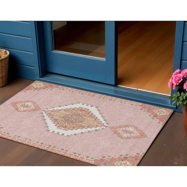 Homeroots 3' X 5' Pink Green And Ivory Oriental Washable Indoor Outdoor Area Rug 598436 - main