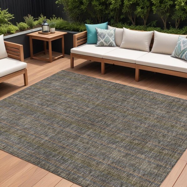Homeroots 8' X 10' Taupe Denim Blue And Olive Green Striped Washable Indoor Outdoor Area Rug 615098 - main