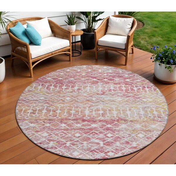 Homeroots 8' Pink And Ivory Round Argyle Washable Indoor Outdoor Area Rug 615820 - main