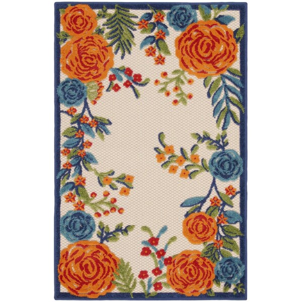 Homeroots 3' X 4' Ivory Orange and Blue Floral Indoor Outdoor Area Rug 527631 - main