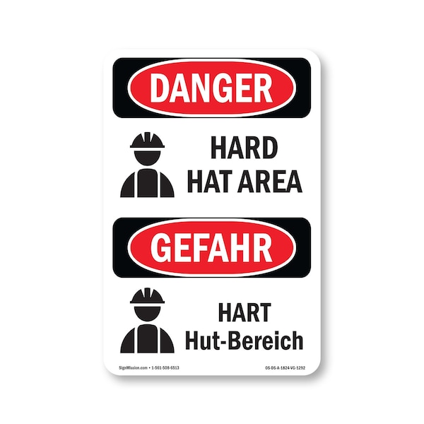 Signmission OSHA Danger Sign, Hard Hat Area Bilingual, 24in X 18in Aluminum, OS-DS-A-1824-VG-1292 OS-DS-A-1824-VG-1292 - main