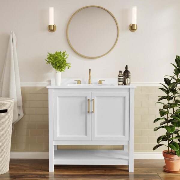 Flash Furniture Vega 36in. Vanity w/Sink, Gold Hardware, Soft Close Doors & Open Shelf, Carrara Marble, White/White FS-VEGA36-WH-HDGLD-GG - main