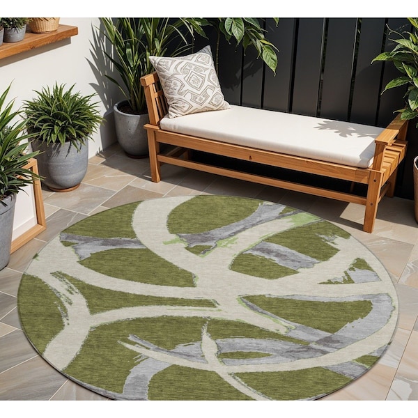 Homeroots 8' Olive Green Beige And Gray Round Abstract Washable Indoor Outdoor Area Rug 599144 - main