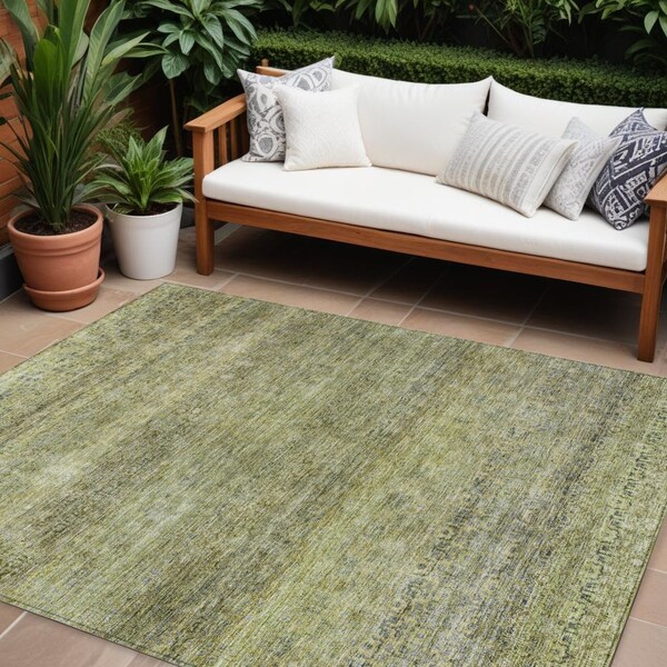 Homeroots 8' X 10' Artichoke Green Brown And Gray Striped Washable Indoor Outdoor Area Rug 605762 - main