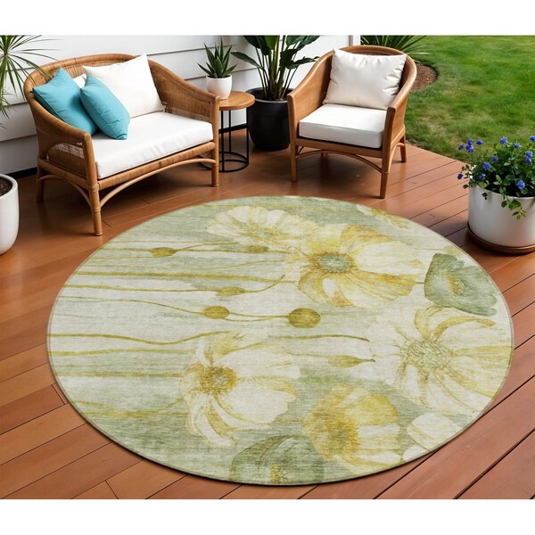 Homeroots 8' Sage Fern Green And Ivory Round Floral Washable Indoor Outdoor Area Rug 582772 - main