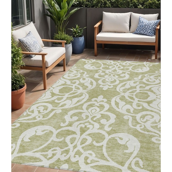 Homeroots 5' X 8' Sage And Ivory Damask Washable Indoor Outdoor Area Rug 614396 - main