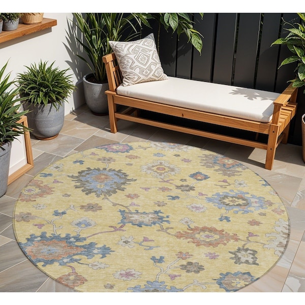 Homeroots 8' Gold Brown And Blue Round Floral Washable Indoor Outdoor Area Rug 606154 - main