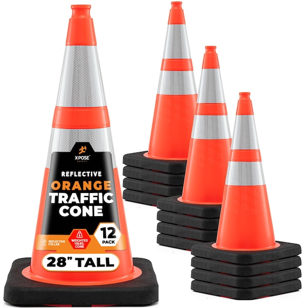 Xpose Safety 28 in Orange Traffic Cone, 10 lb Base with 6 in & 4 in Reflective Collar, PVC, DOT Approved, 12PK OTC28-64-10L-12-X - main