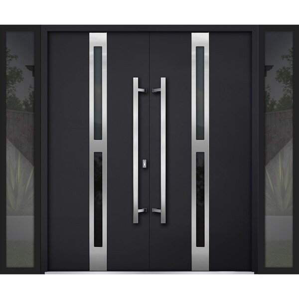 Vdomdoors Steel Double Doors Deux 1755 Black Enamel 2 Sidelight Exterior Windows Stainless Inserts Single Mod DEUX1755DEXD-BLK-RH-W14+72+14 x H80 - main