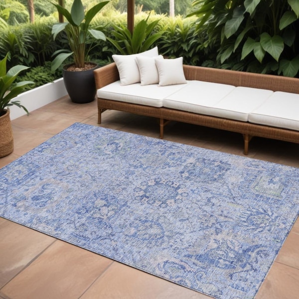 Homeroots 8' X 10' Sky Blue Ivory And Gray Damask Washable Indoor Outdoor Area Rug 603788 - main