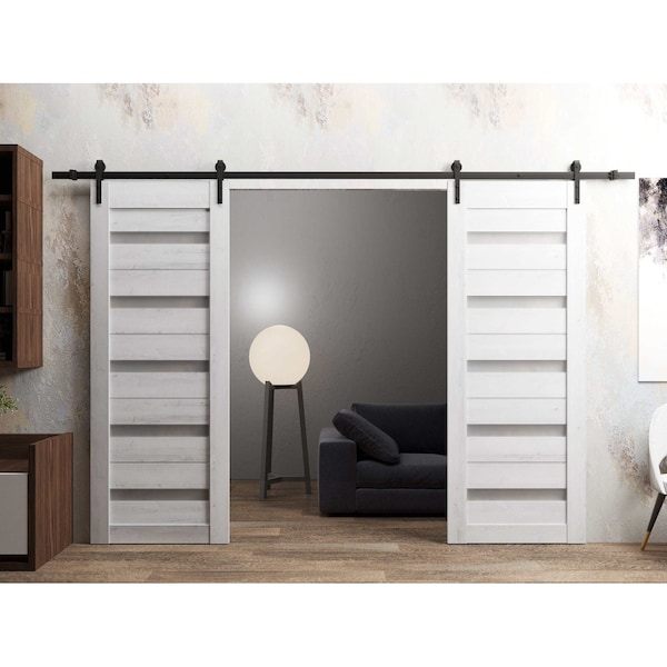 Sartodoors Sturdy Dbl Barn Door 48 x 80in, Nordic White W/ Frosted Glass, 13FT Rail Hangers Heavy Set QUADRO4445DB-NOR-48 - main