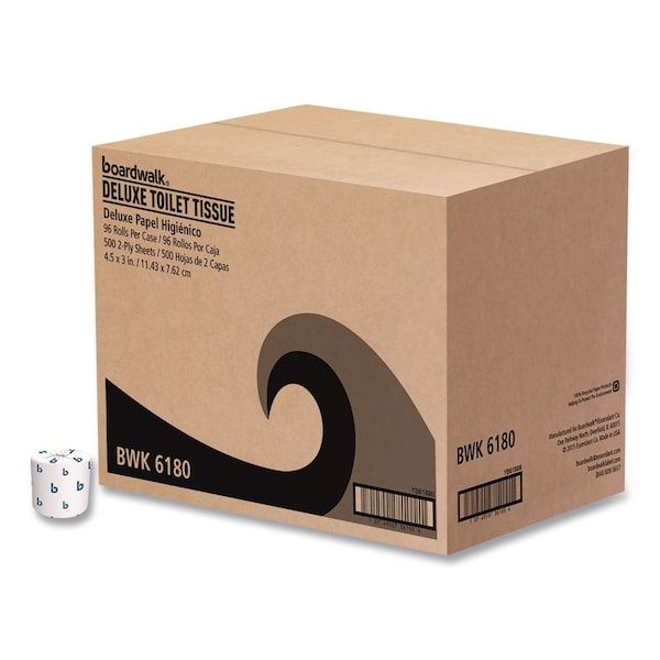 Boardwalk Toilet Paper, 2 Ply, 4 1/2 x 3 in Sheets, 500 Sheets/Roll, White, 96PK BWK6180 - main