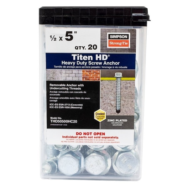 Simpson Strong-Tie Titen HD Heavy-Duty Screw Anchor, 1/2 in Dia, 5 in L, Carbon Steel, Zinc Plated THD50500HC20 - main