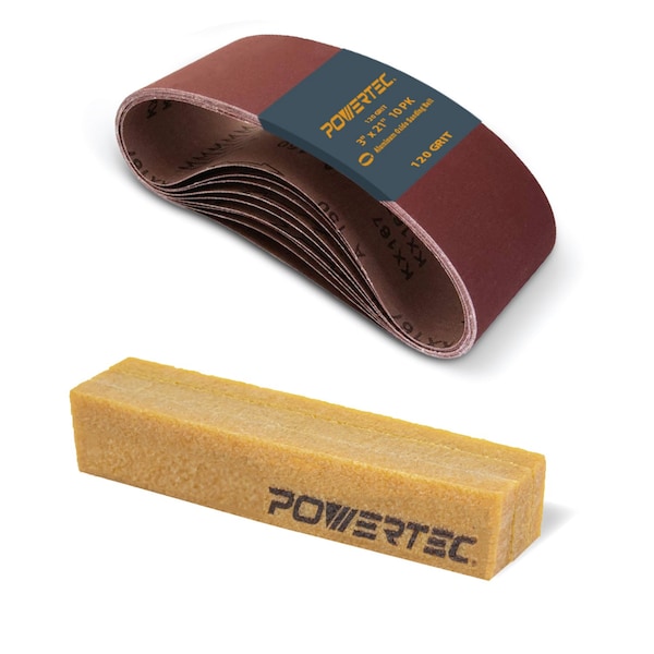Powertec Sanding Belt, 3in W, 21in L, Aluminum Oxide, 120 Grit, 10PK & Abrasive Cleaning Stick 110451N - main