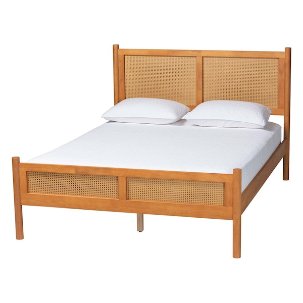 Baxton Studio Jenn Golden Brown Wood Japandi Queen Size Platform Bed with Distressed-Finished Rattan 253-13897-ZORO - main